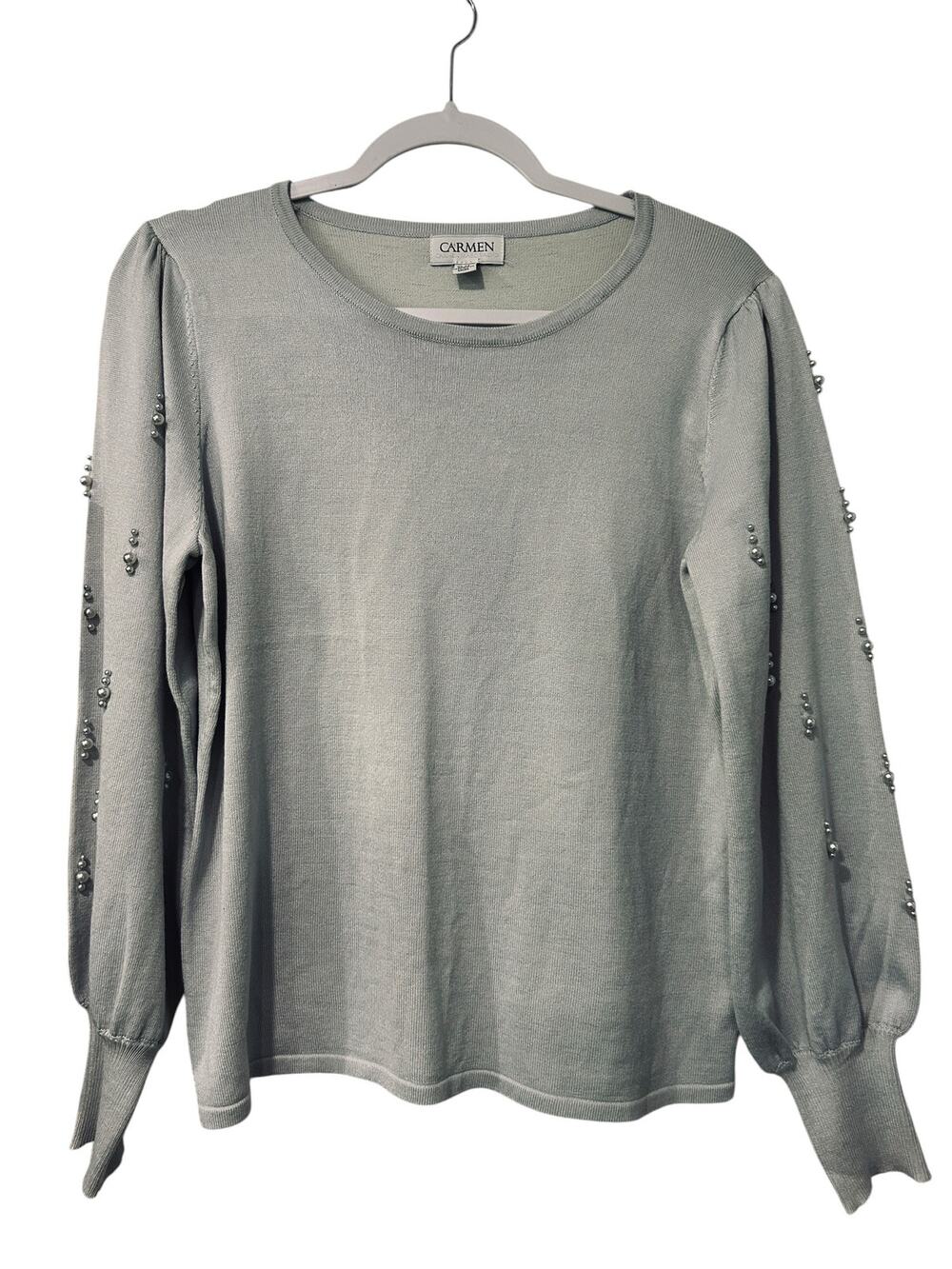 Carmen Marc Valvo Pearl Embellished Sweater Blue XL Soft Glam Balloon Sleeve